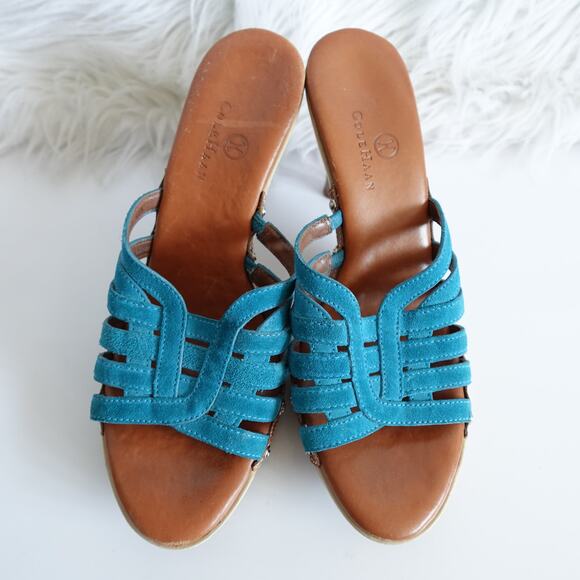 Clarks Y2K Clio Teal Blue Suede Slip-on Tan Leather Wooden High Heels - Picture 2 of 13